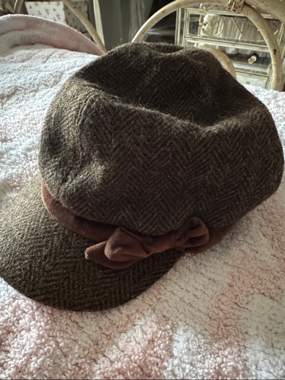 Ralph Lauren Brown Herringbone Wool Newsboy Cap with Bow Band vintage feel!